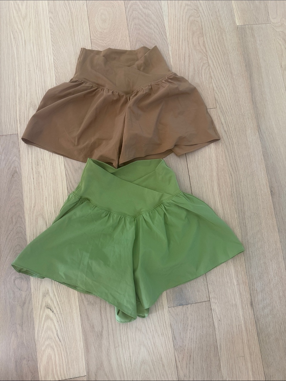 Aerie High-Waist Flared Shorts Duo — Olive Green & Brown